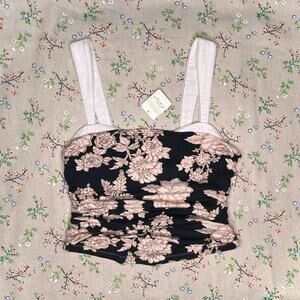 Free People Two Tone Printed Tank Tea Combo Small Ruched Top Floral Lace Trim